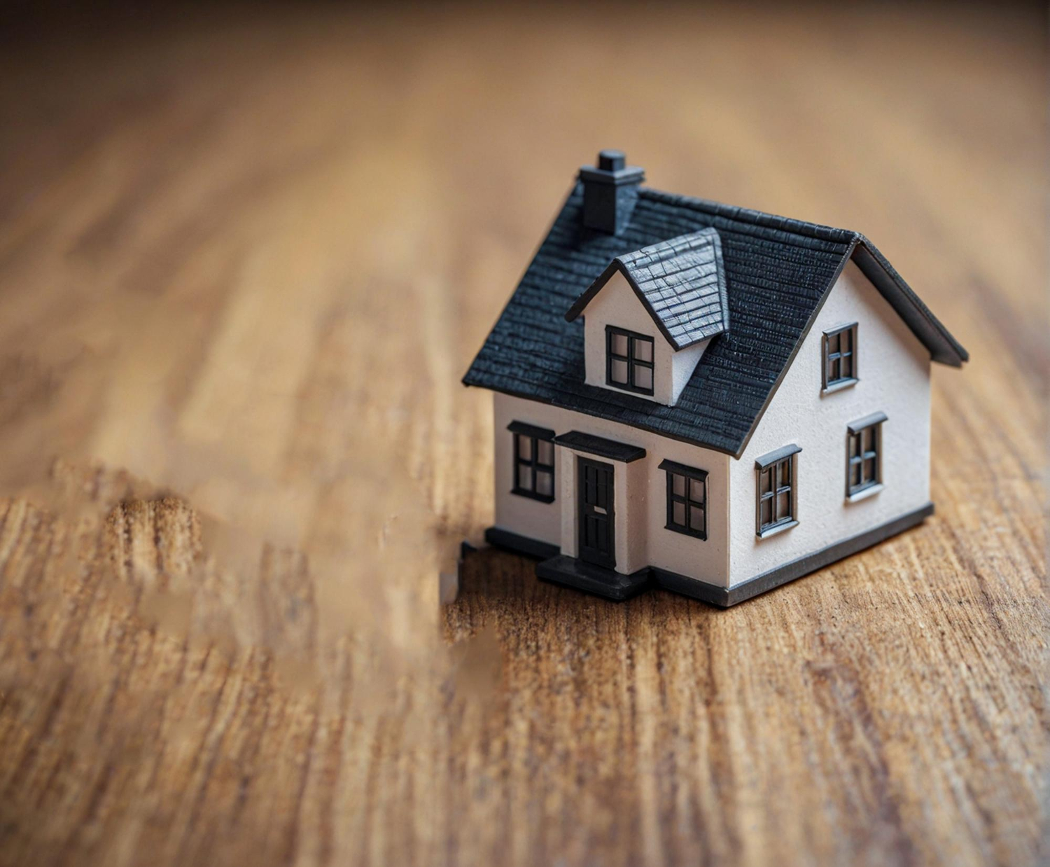 Une petite maison en maquette est posée sur un sol en bois.